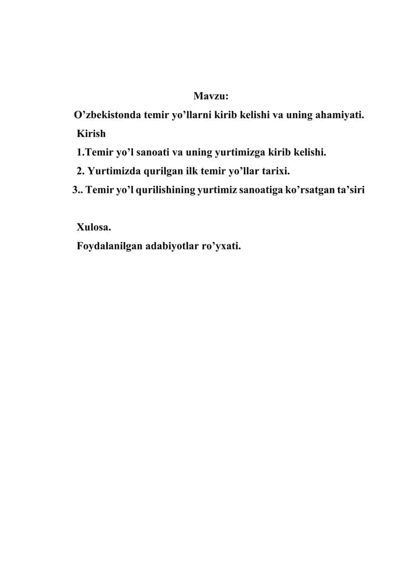 O’zbekistonda temir yo’llarni kirib kelishi va uning ahamiyati. 1