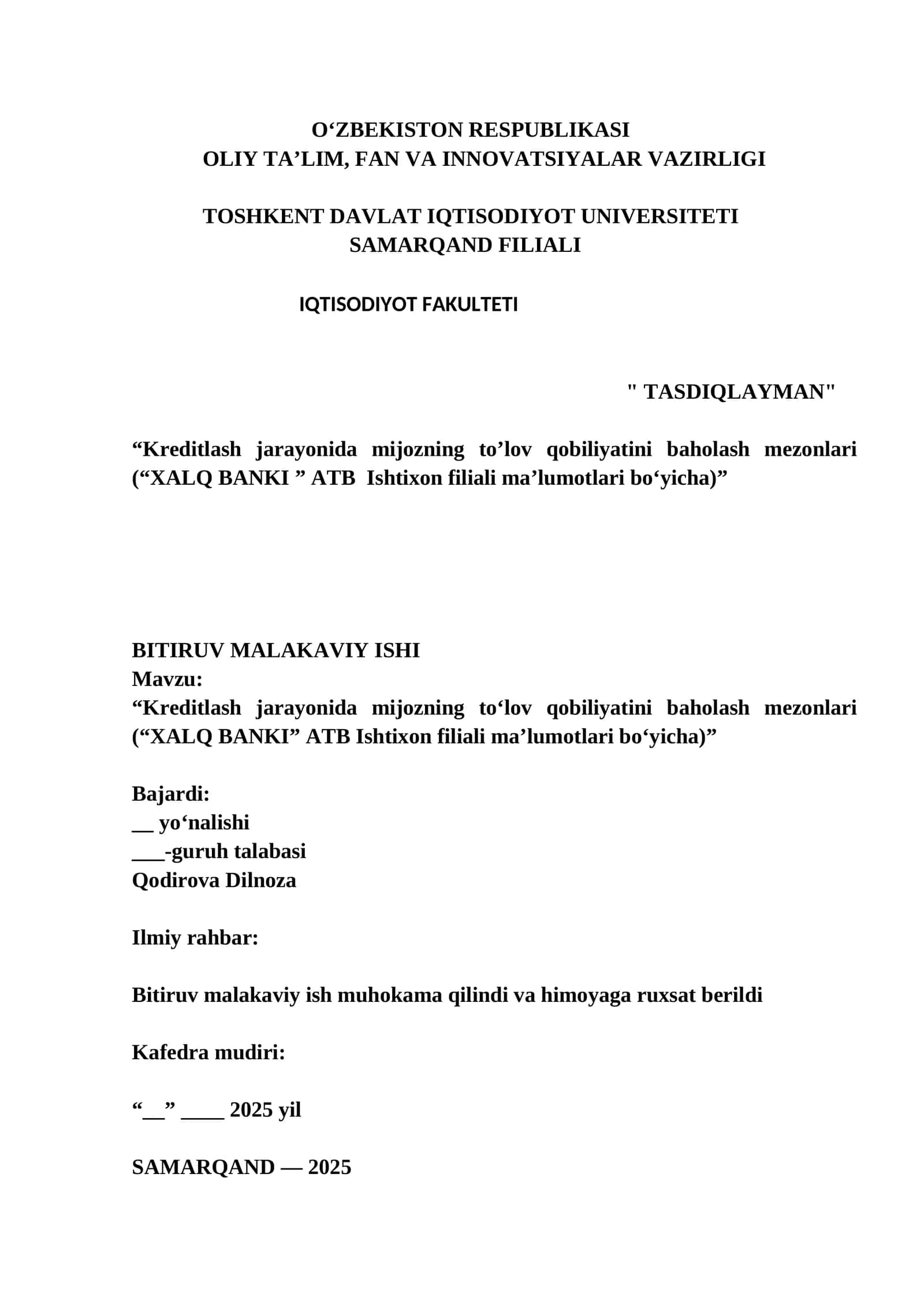 Kreditlash jarayonida mijozning to‘lov qobiliyatini baholash mezonlari (“XALQ BANKI ” ATB Ishtixon filiali ma’lumotlari bo‘yicha) 1