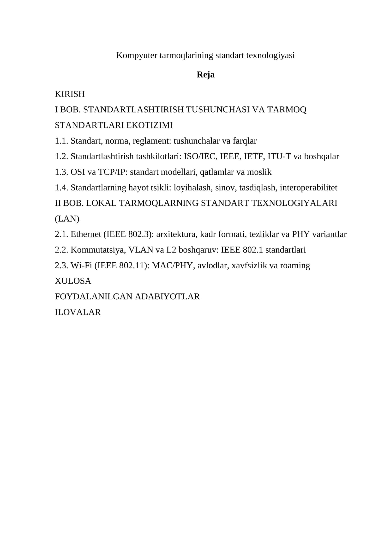 Kompyuter tarmoqlarining standart texnologiyasi 1