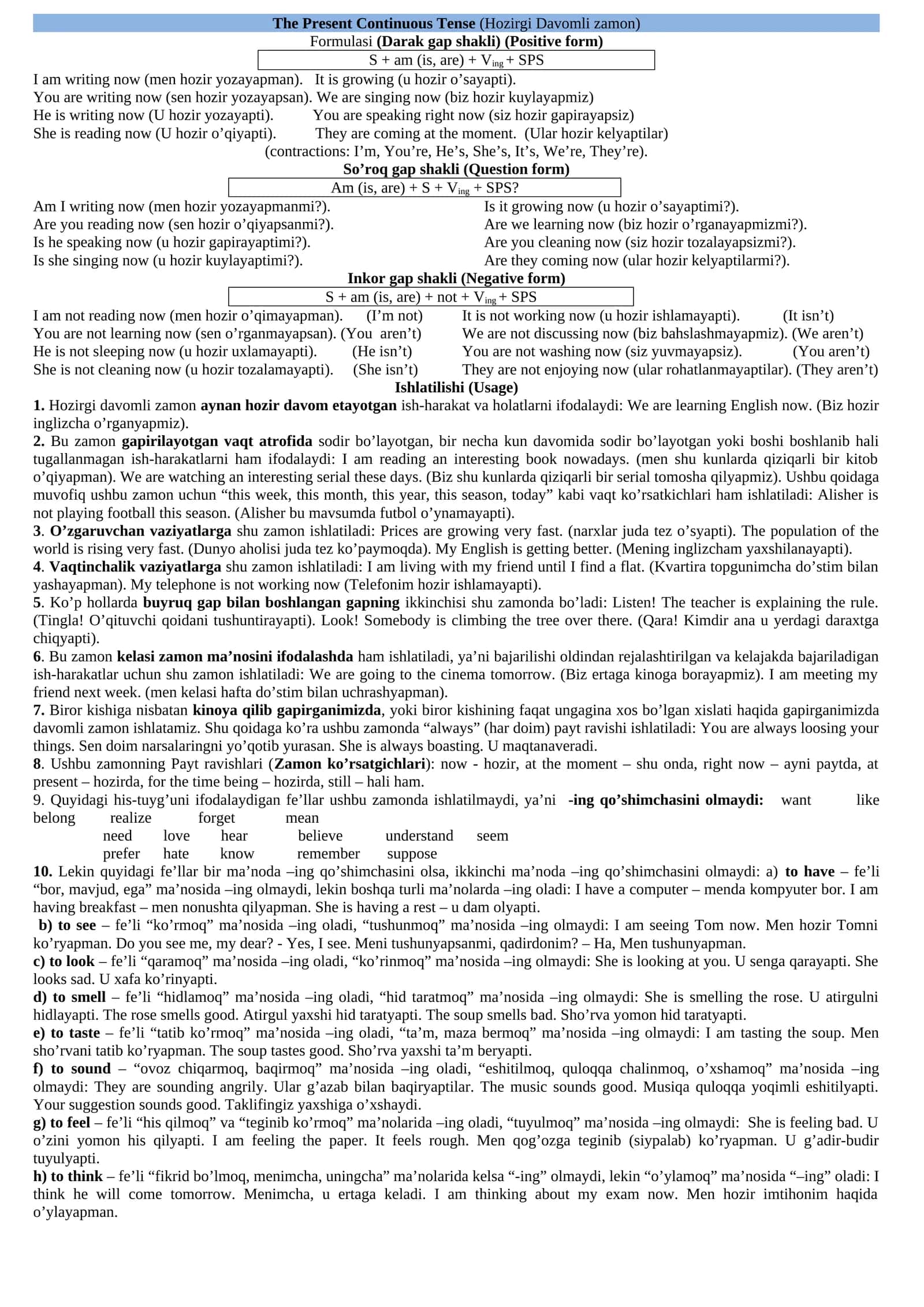 Ingiliz tilida zamonlarni to'liq ishlatish qoidalari,misollari va formulalari 1