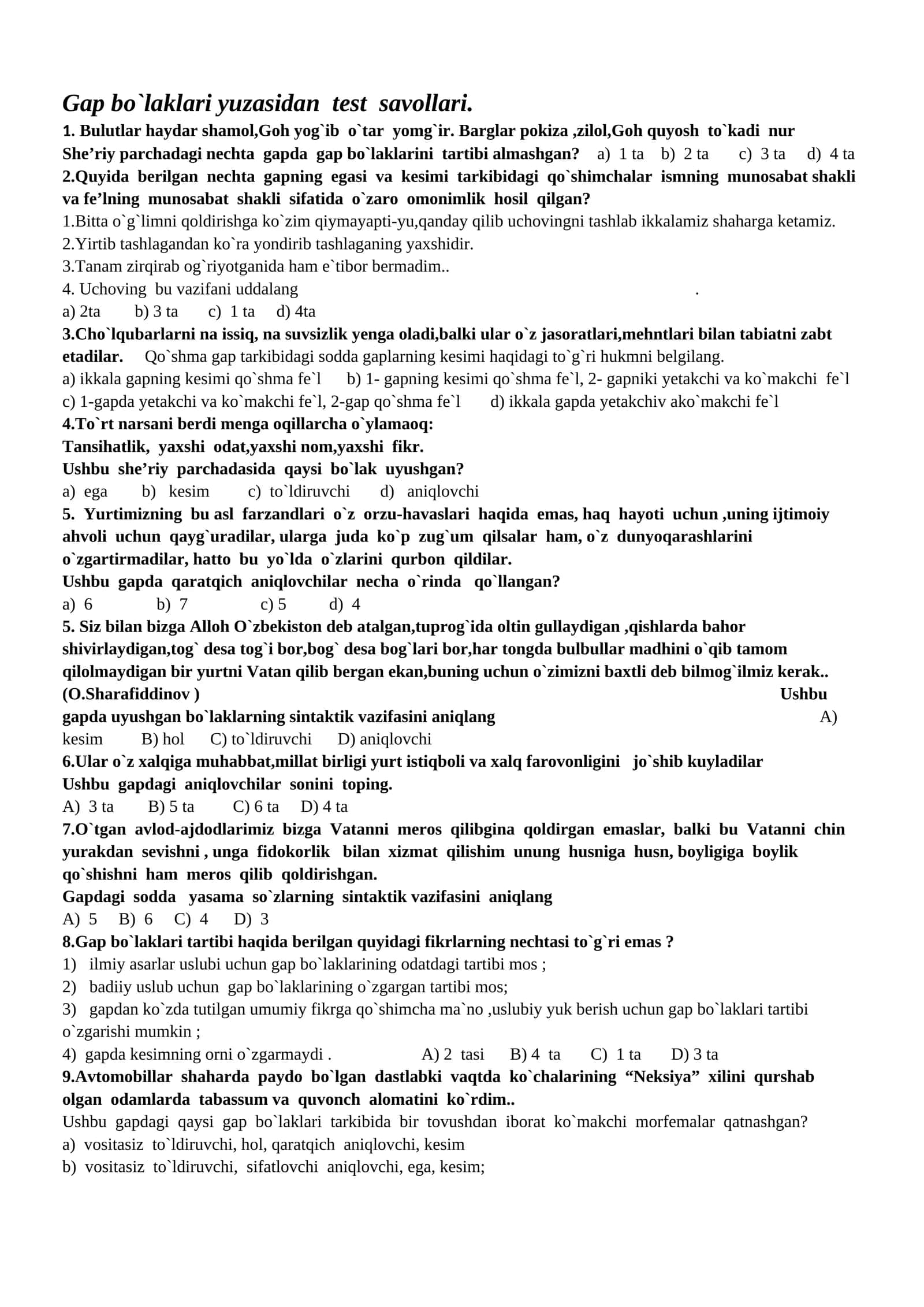 Gap bo`laklari yuzasidan test savollari 1