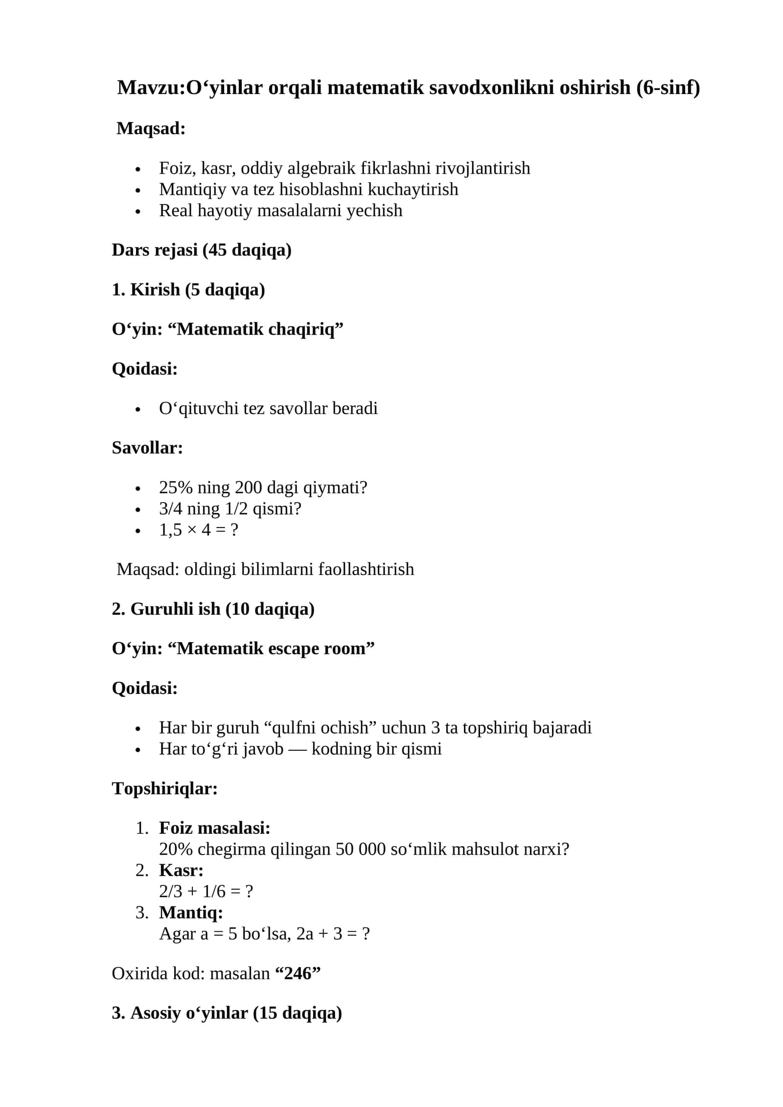 O‘yinlar orqali matematik savodxonlikni oshirish (6-sinf) 1