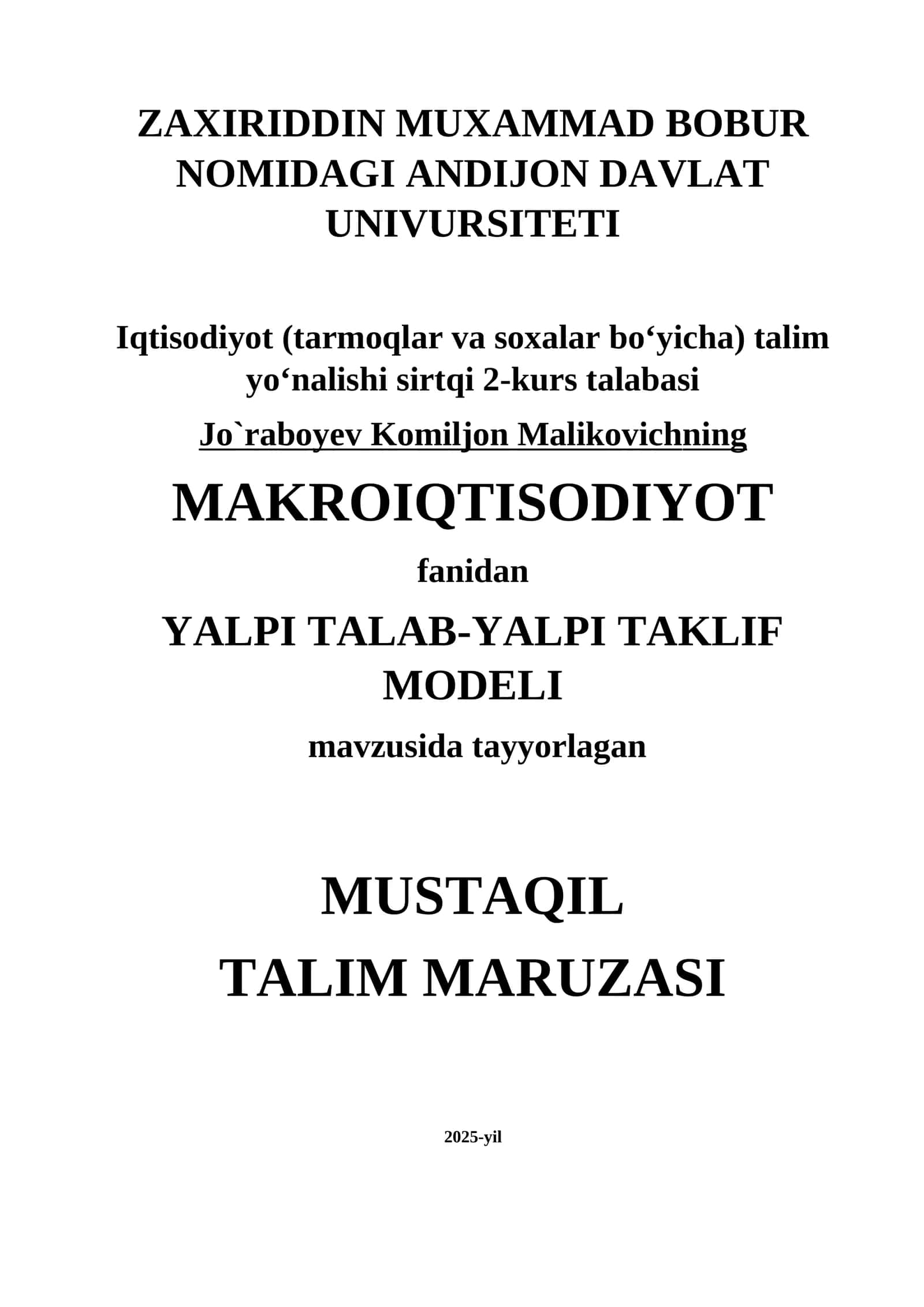 MAKROIQTISODIYOT YALPI TALAB-YALPI TAKLIF MODELI 1