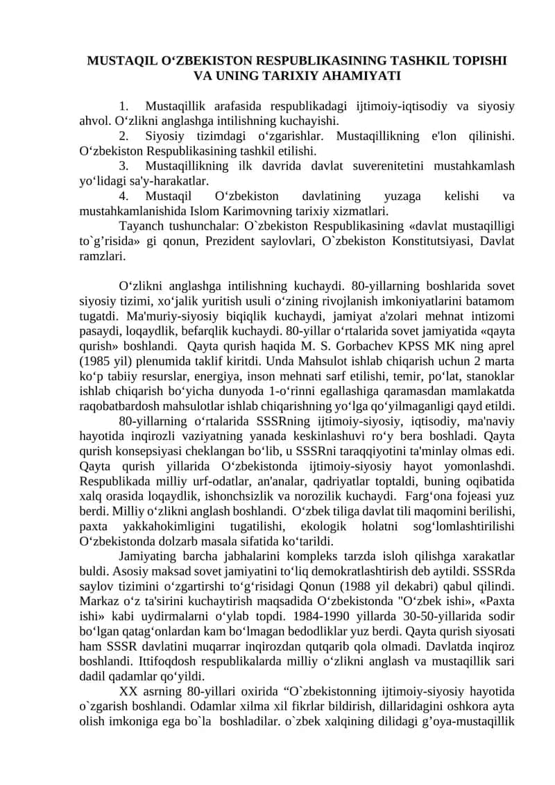 Mustaqil O‘zbekiston Respublikasining Tashkil Topishi va Uning Tarixiy Ahamiyati 1