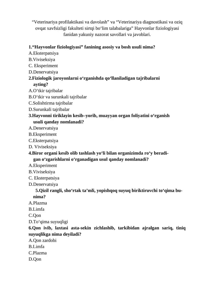 Hayvonlar fiziologiyasi fanidan yakuniy nazorat savollari va javoblari 1