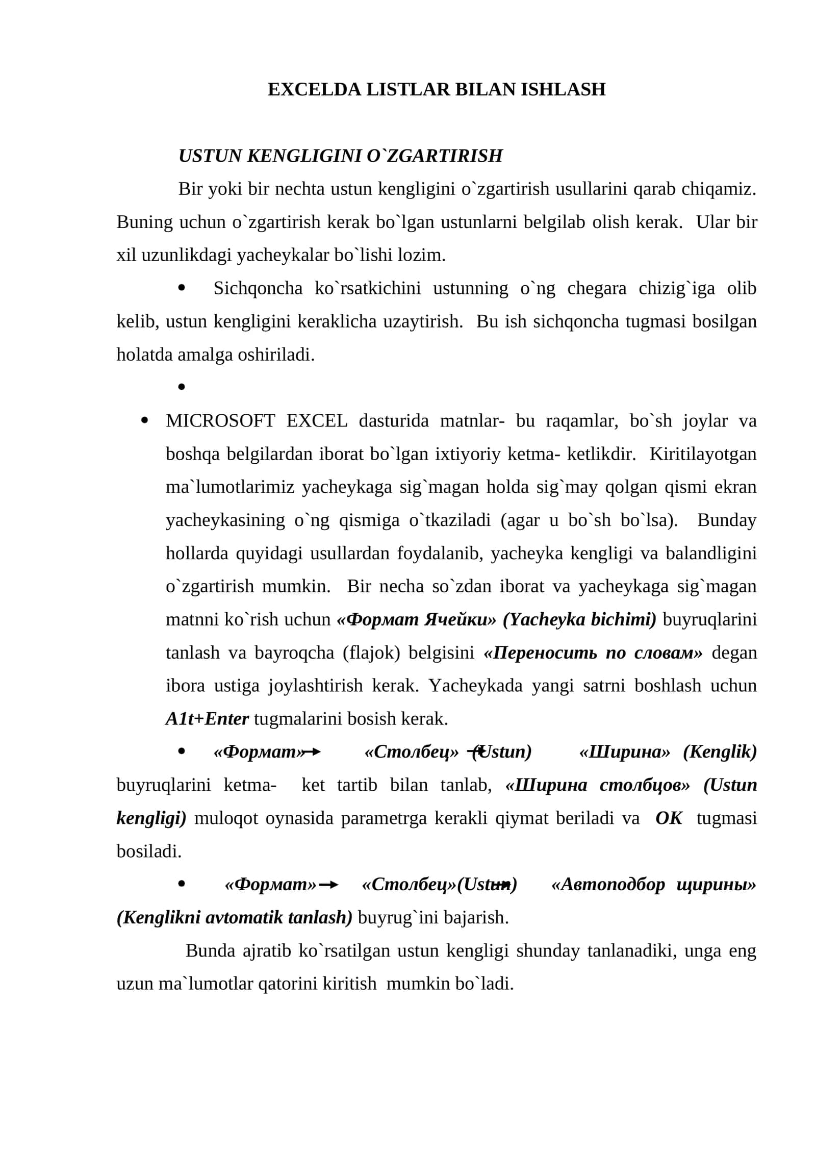 EXCELDA LISTLAR BILAN ISHLASH 1
