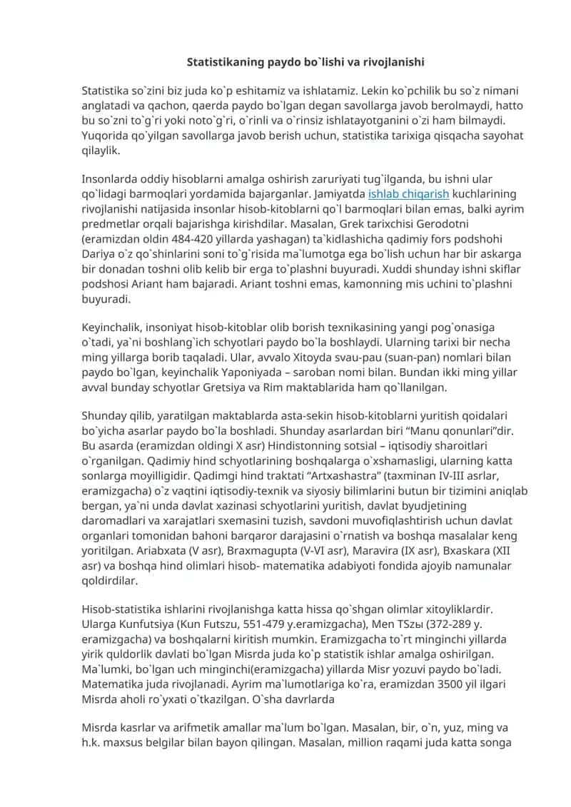 Statistikaning paydo bo`lishi va rivojlanishi 1