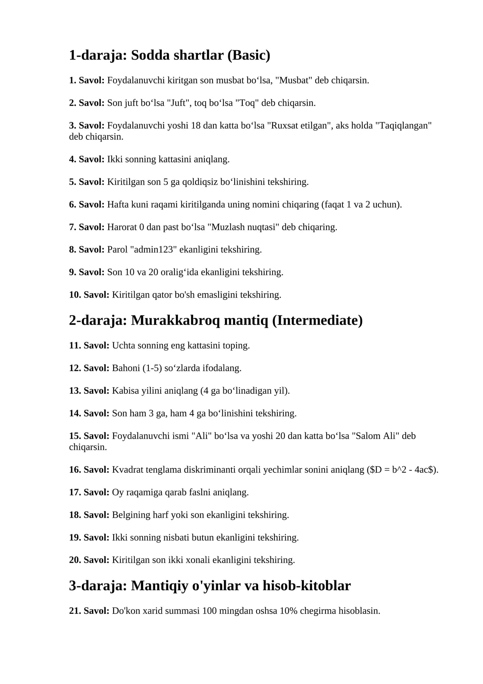 1-daraja: Sodda shartlar (Basic) 1