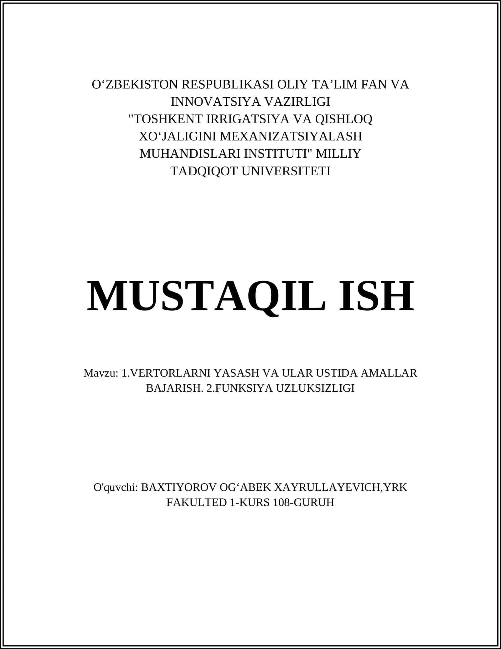 VERTORLARNI YASASH VA ULAR USTIDA AMALLAR BAJARISH 1