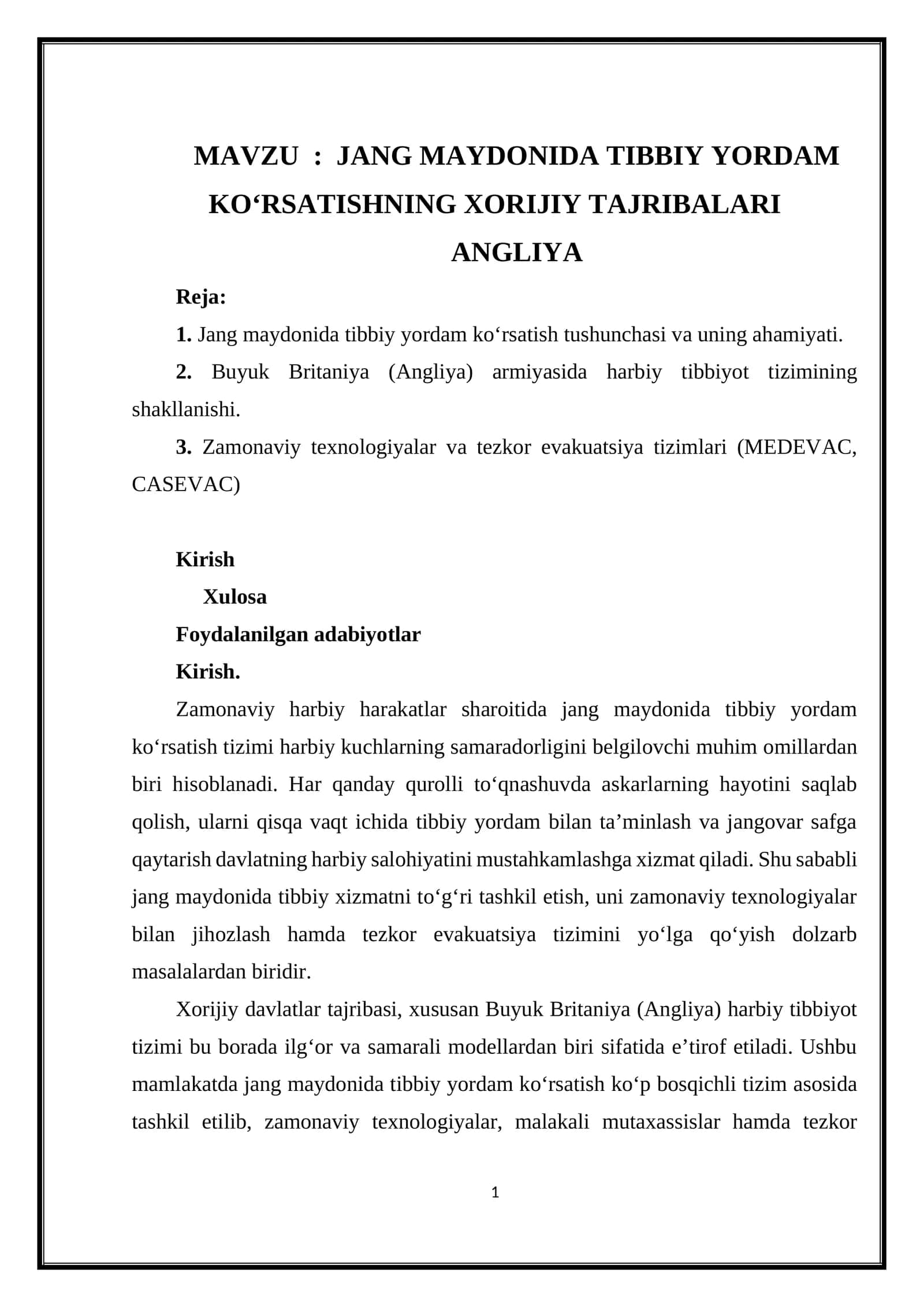 JANG MAYDONIDA TIBBIY YORDAM KOʻRSATISHNING XORIJIY TAJRIBALARI 1