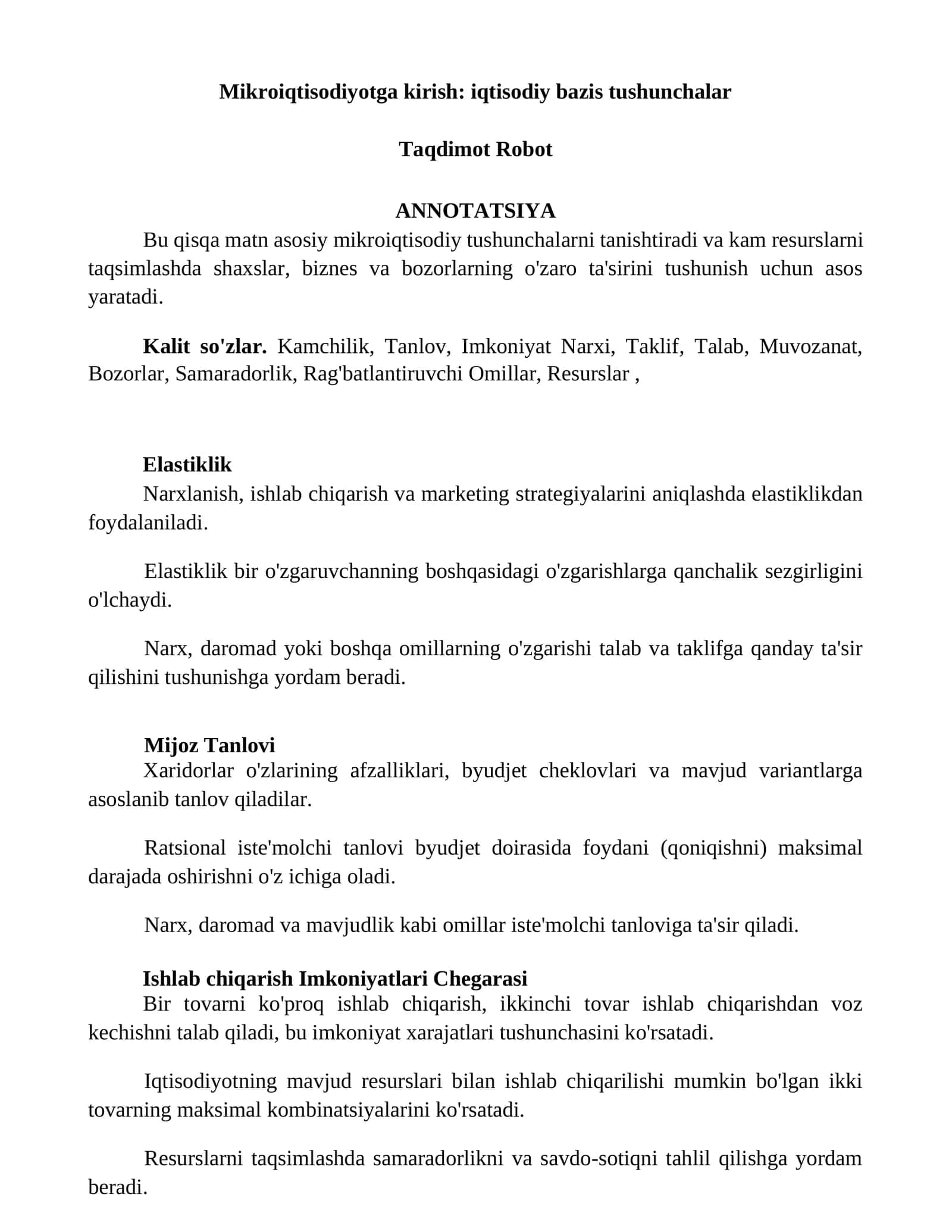 Mikroiqtisodiyotga kirish: iqtisodiy bazis tushunchalar 1