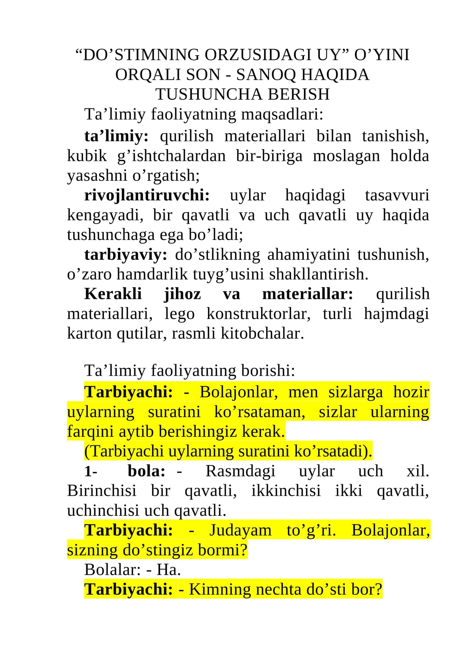 "DO’STIMNING ORZUSIDAGI UY” O’YINI ORQALI SON - SANOQ HAQIDA TUSHUNCHA BERISH 1