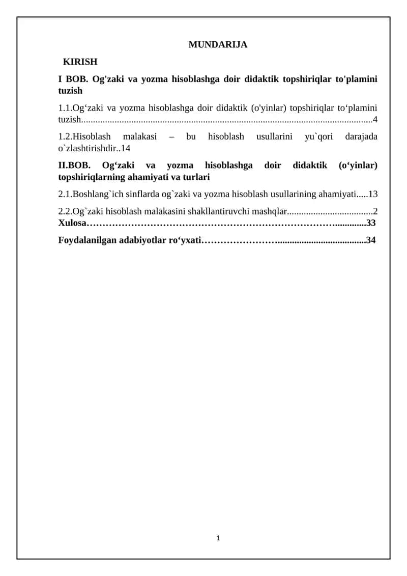 Og'zaki va yozma hisoblashga doir didaktik topshiriqlar to'plamini tuzish 1