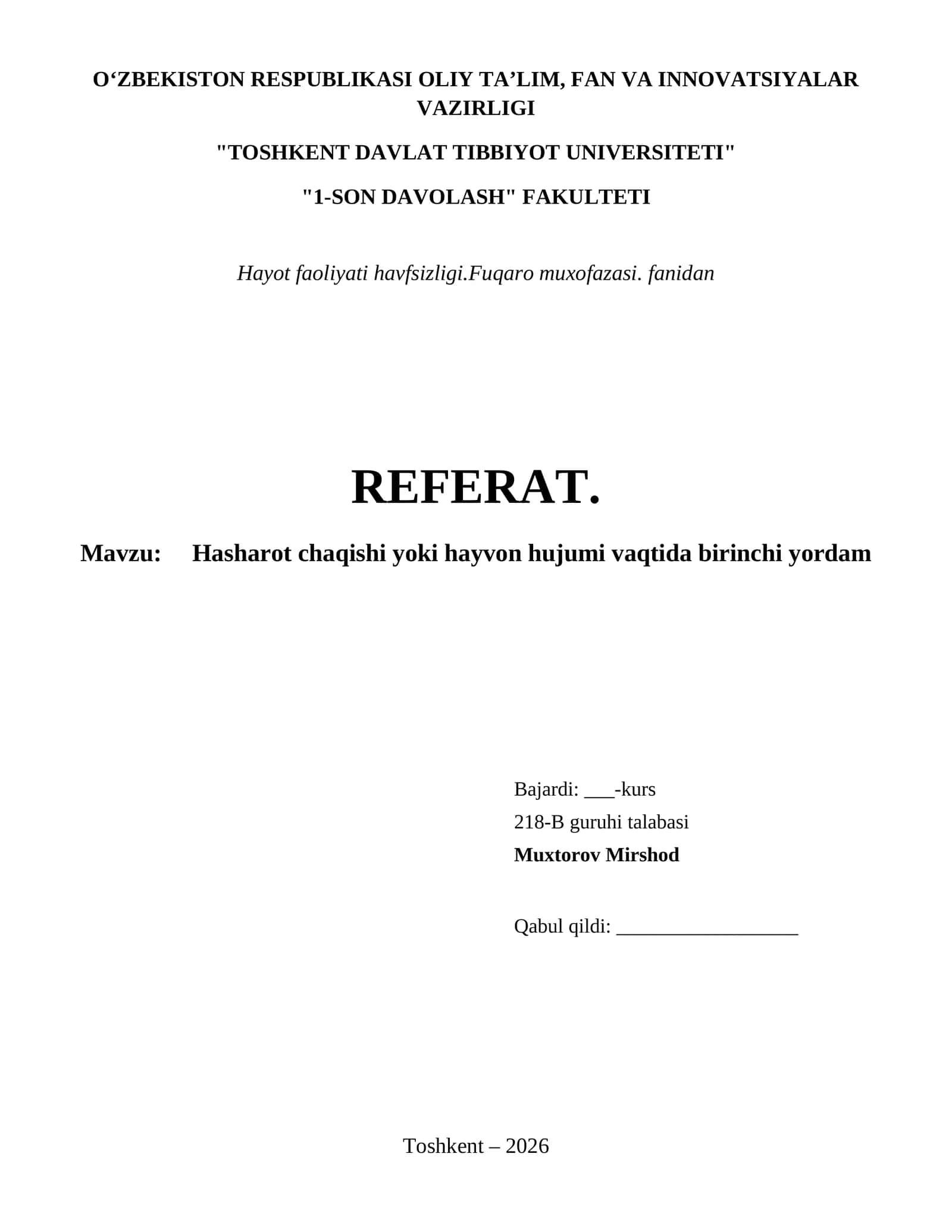 Hasharot chaqishi yoki hayvon hujumi vaqtida birinchi yordam 1