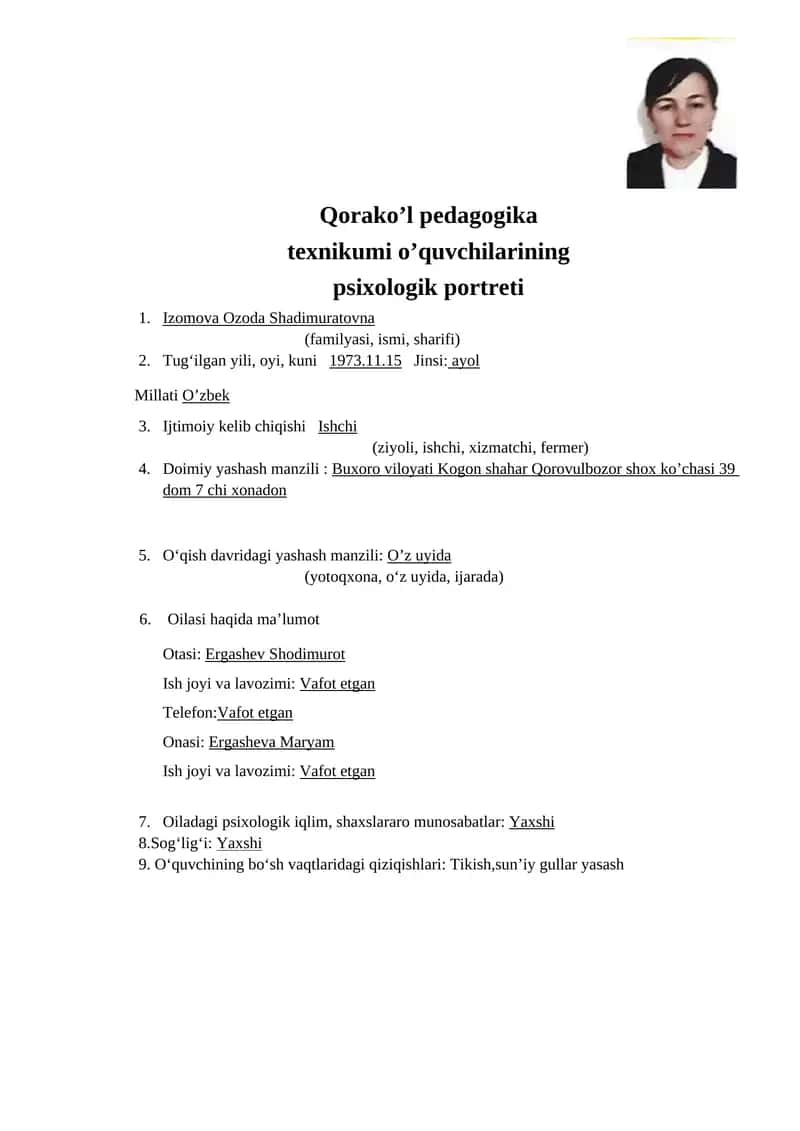 Qorako’l pedagogika texnikumi o’quvchilarining psixologik portreti 1
