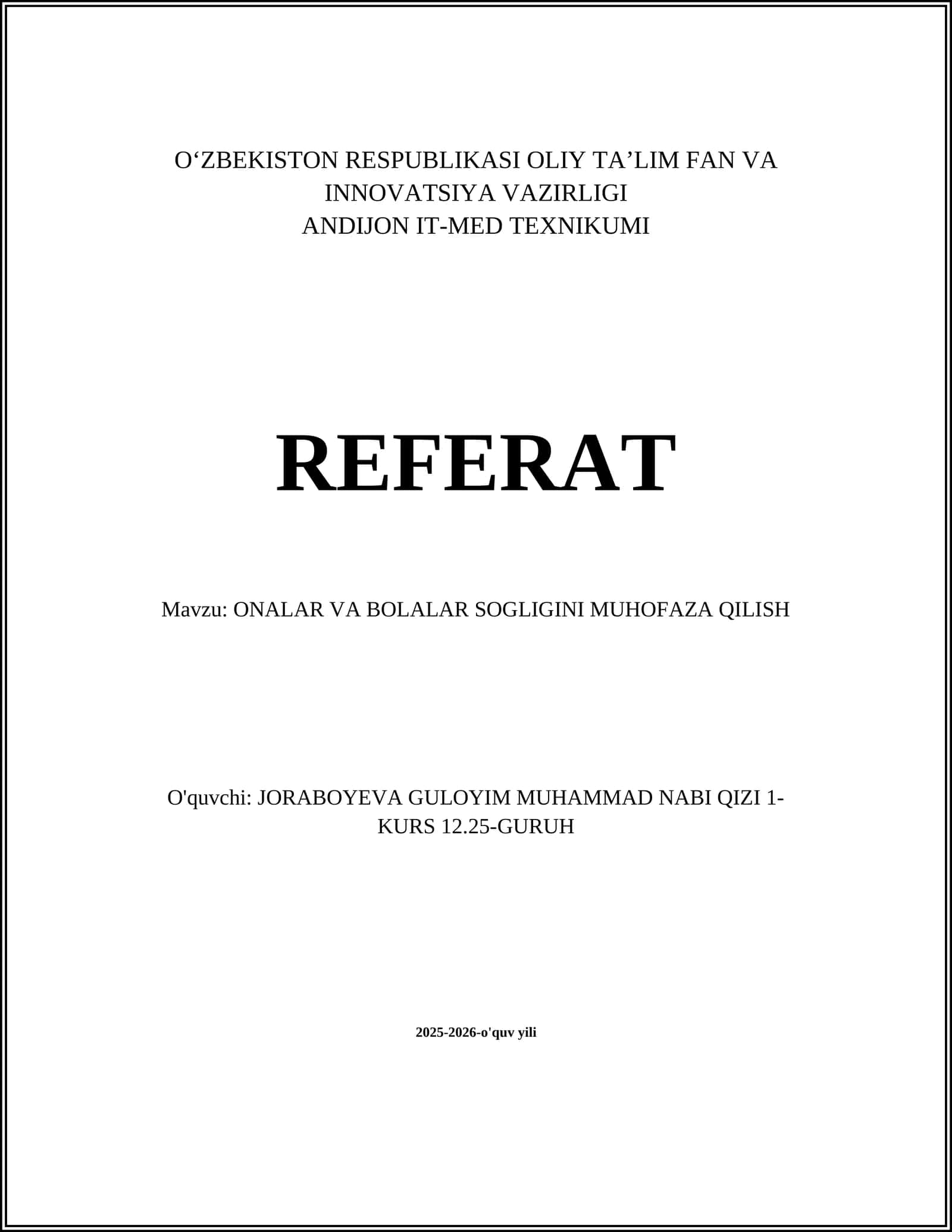 ONALAR VA BOLALAR SOGLIGINI MUHOFAZA QILISH 1