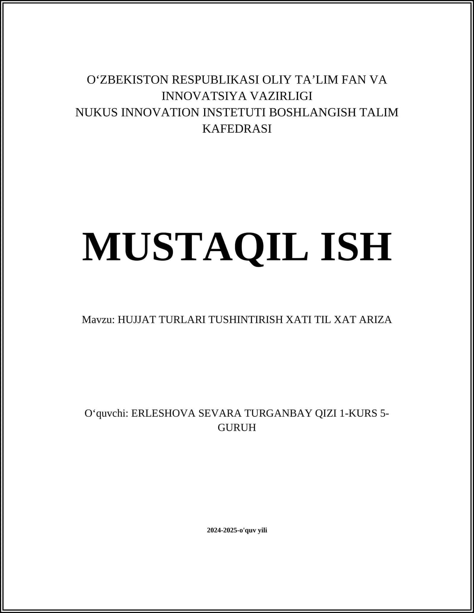 HUJJAT TURLARI TUSHINTIRISH XATI TIL XAT ARIZA 1