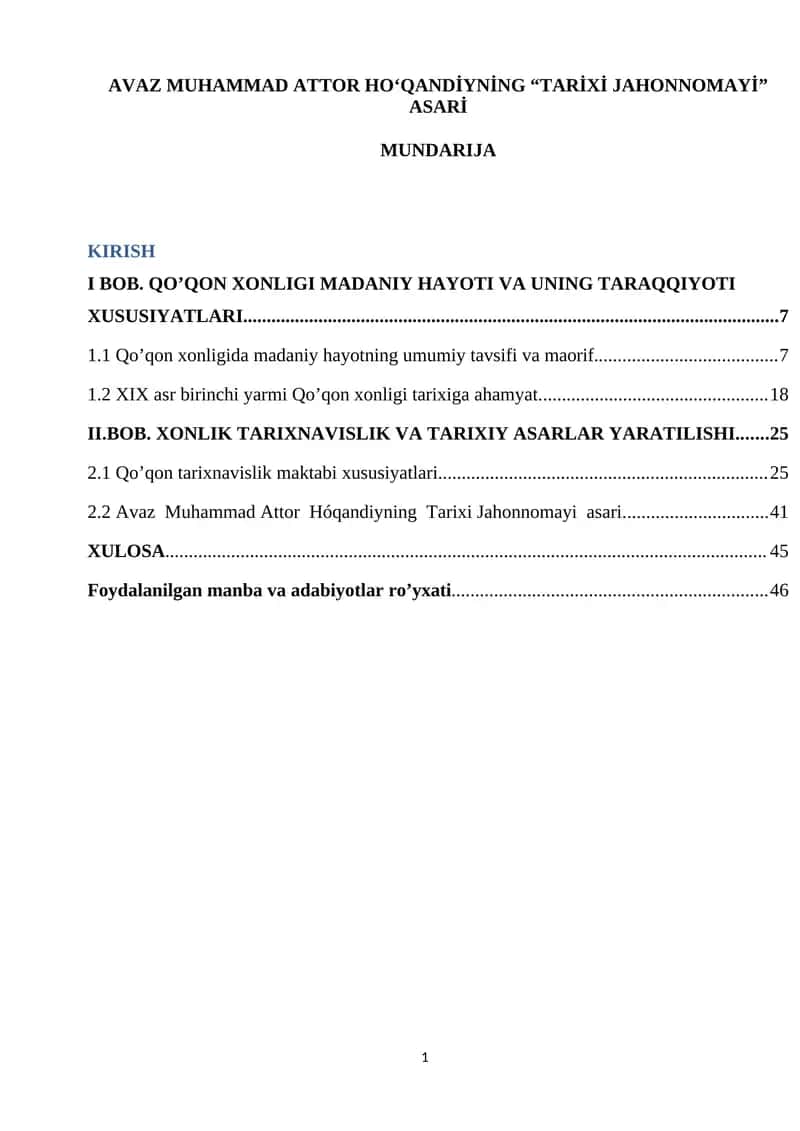 Avaz Muhammad Attor Ho‘qandiyning “Tarixi Jahonnomayi” Asari 1