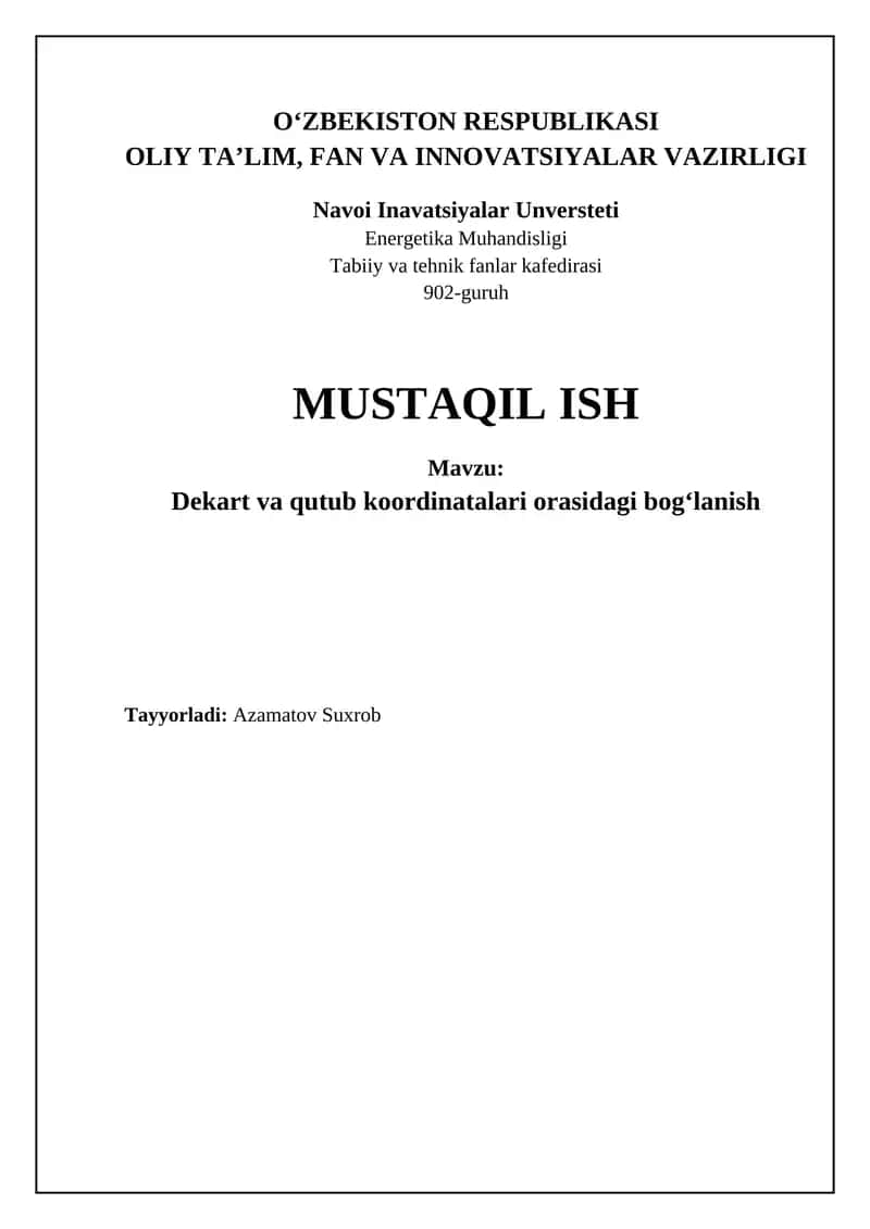 Dekart va Qutb Koordinatalari: Asosiy Tushunchalar va O'tish Qoidalari 1