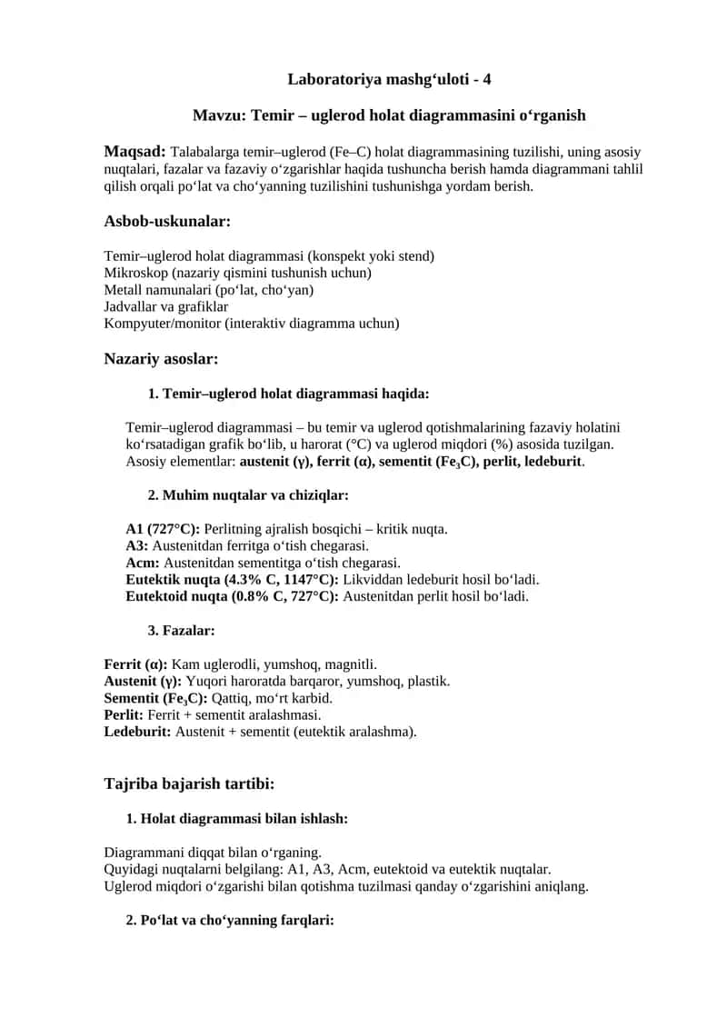 Temir-uglerod (Fe-C) holat diagrammasi laboratoriya mashg'uloti 1