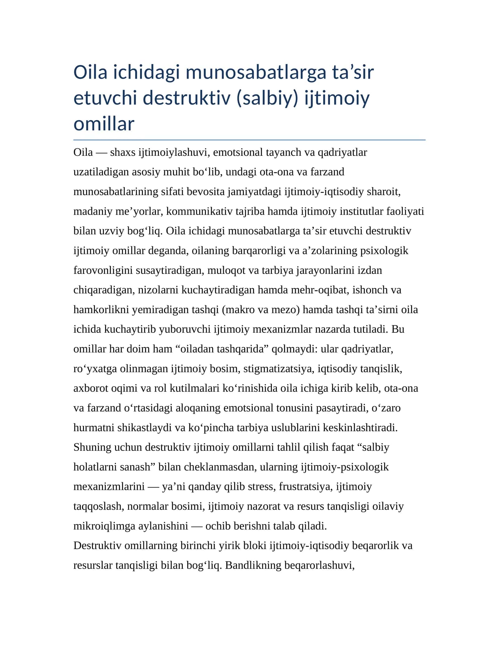 Oila ichidagi munosabatlarga ta’sir etuvchi destruktiv (salbiy) ijtimoiy omillar 1