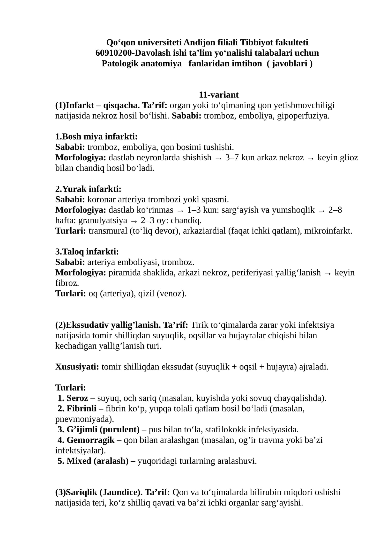 Patologik anatomiya fanlaridan imtihon ( javoblari ) 1