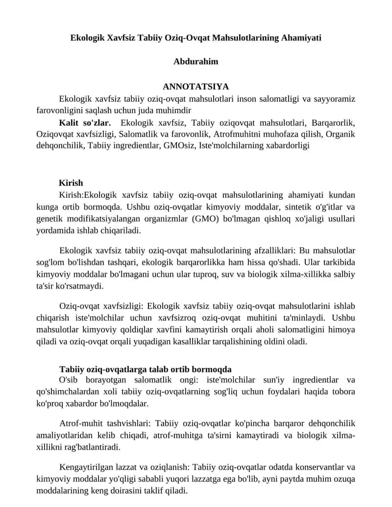 Ekologik Xavfsiz Tabiiy Оziq-Оvqat Mahsulotlarining Ahamiyati 1