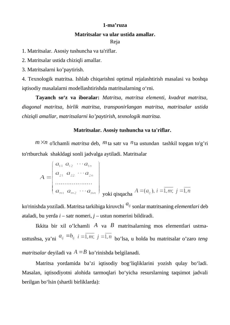 Mаtritsаlаr va ular ustida amallar 1