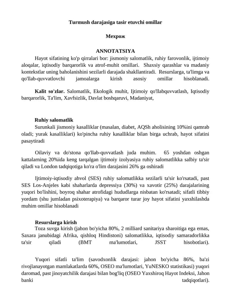 Turmush darajasiga tasir etuvchi omillar 1