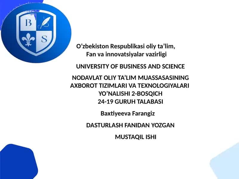 Dasturlash Fanidan Yozgan Mustaqil Ish 1