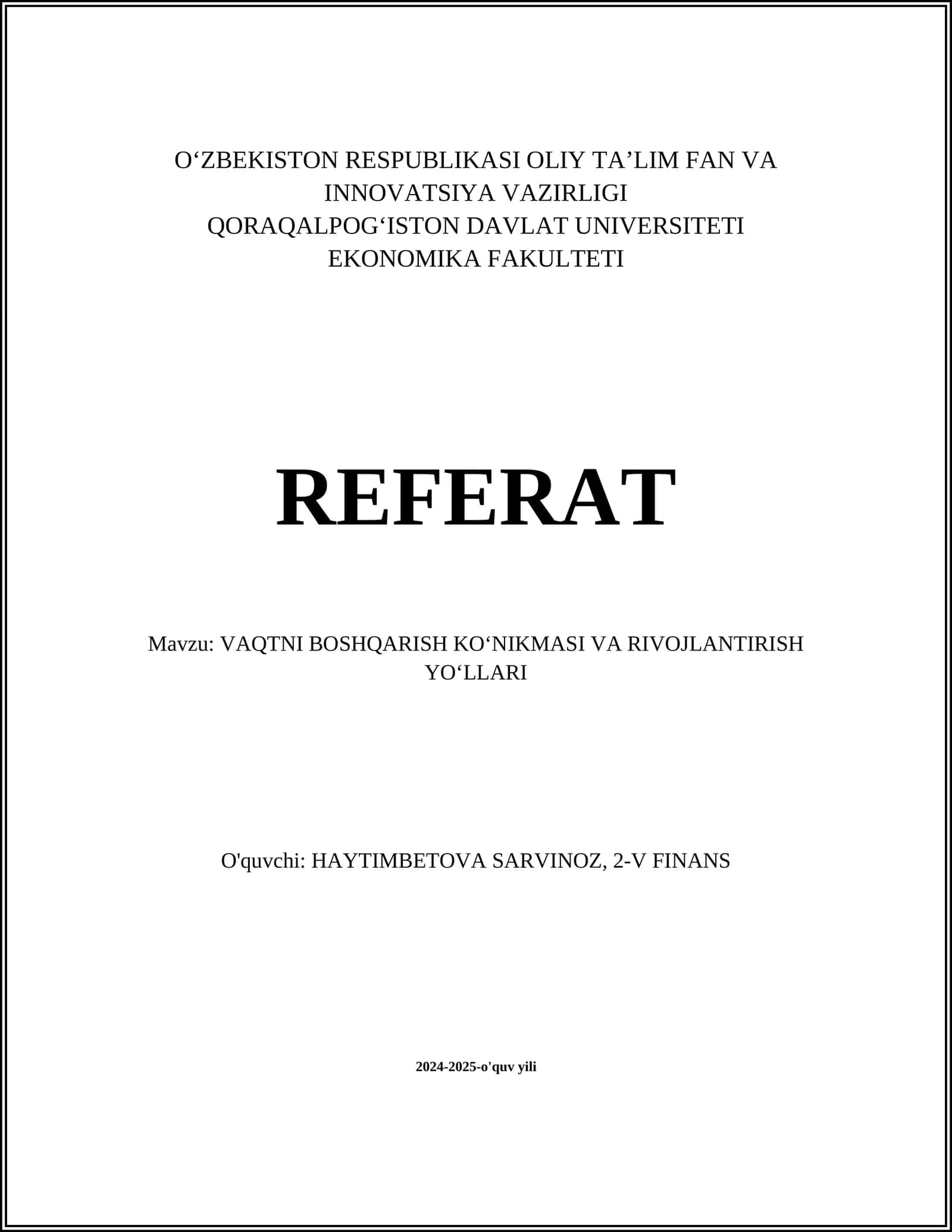 VAQTNI BOSHQARISH KOʻNIKMASI VA RIVOJLANTIRISH YOʻLLARI 1