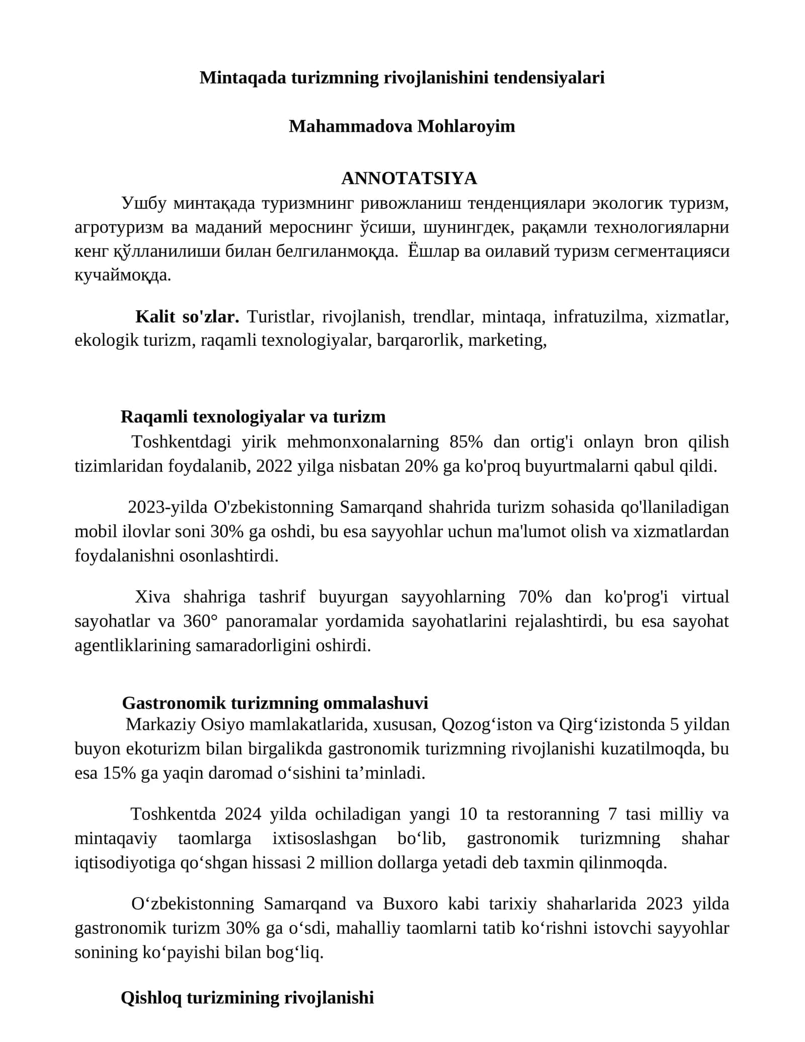 Mintaqada turizmning rivojlanishini tendensiyalari 1