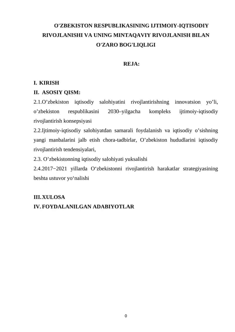 O'ZBEKISTON RESPUBLIKASINING IJTIMOIY-IQTISODIY RIVOJLANISHI VA UNING MINTAQAVIY RIVOJLANISH BILAN O'ZARO BOG'LIQLIGI 1