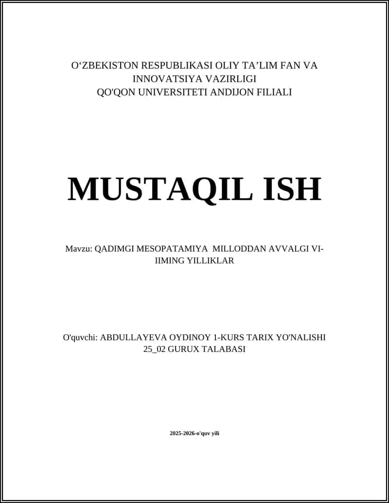 QADIMG MESOPATAMIYA MILLODAN AVVALGI VI-IIMING YILLIKLAR 1