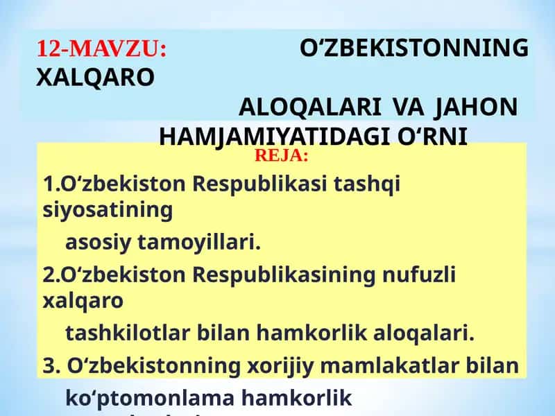 О‘ЗБЕКИСТОН РЕСПУБЛИКАСИНИНГ КОНСТИТУЦИЯСИ IV боб ТАШҚИ СИЁСАТ 1