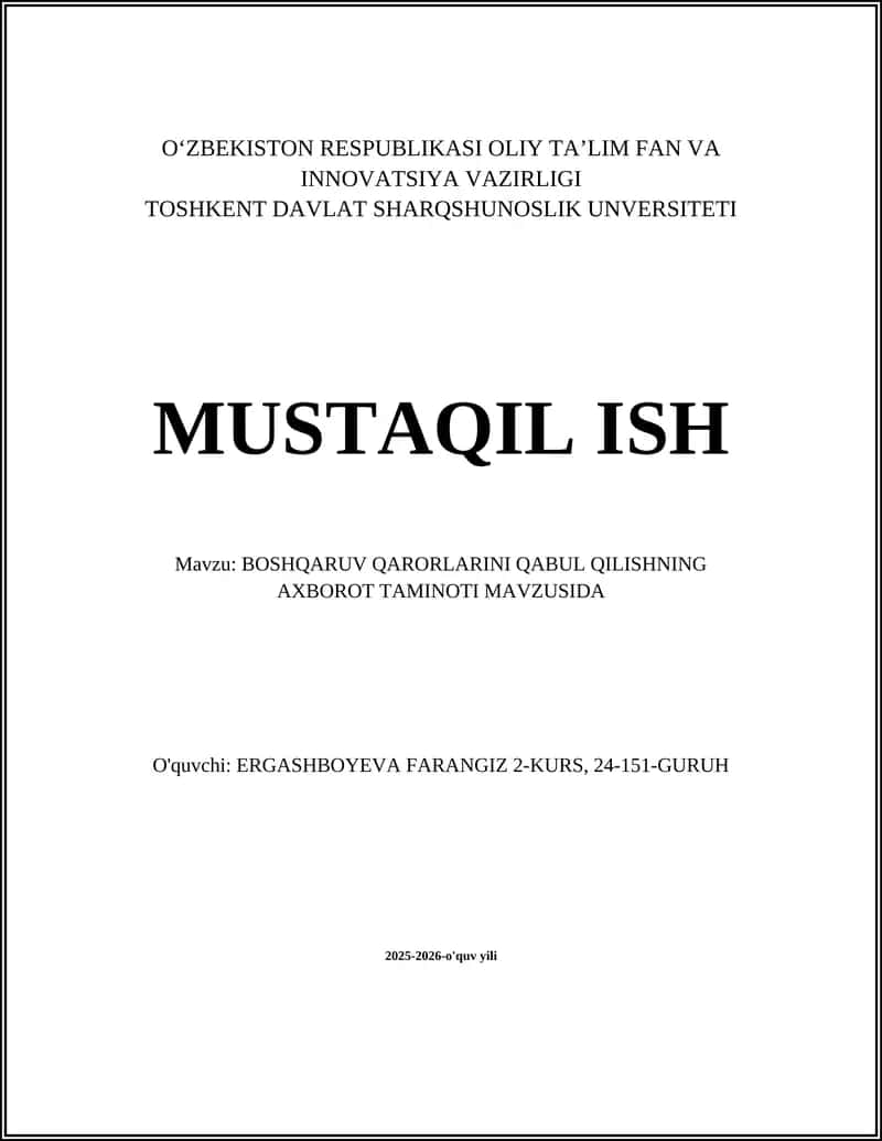 BOSHQARUV QARORLARINI QABUL QILISHNING AXBOROT TAMINOTI MAVZUSIDA 1