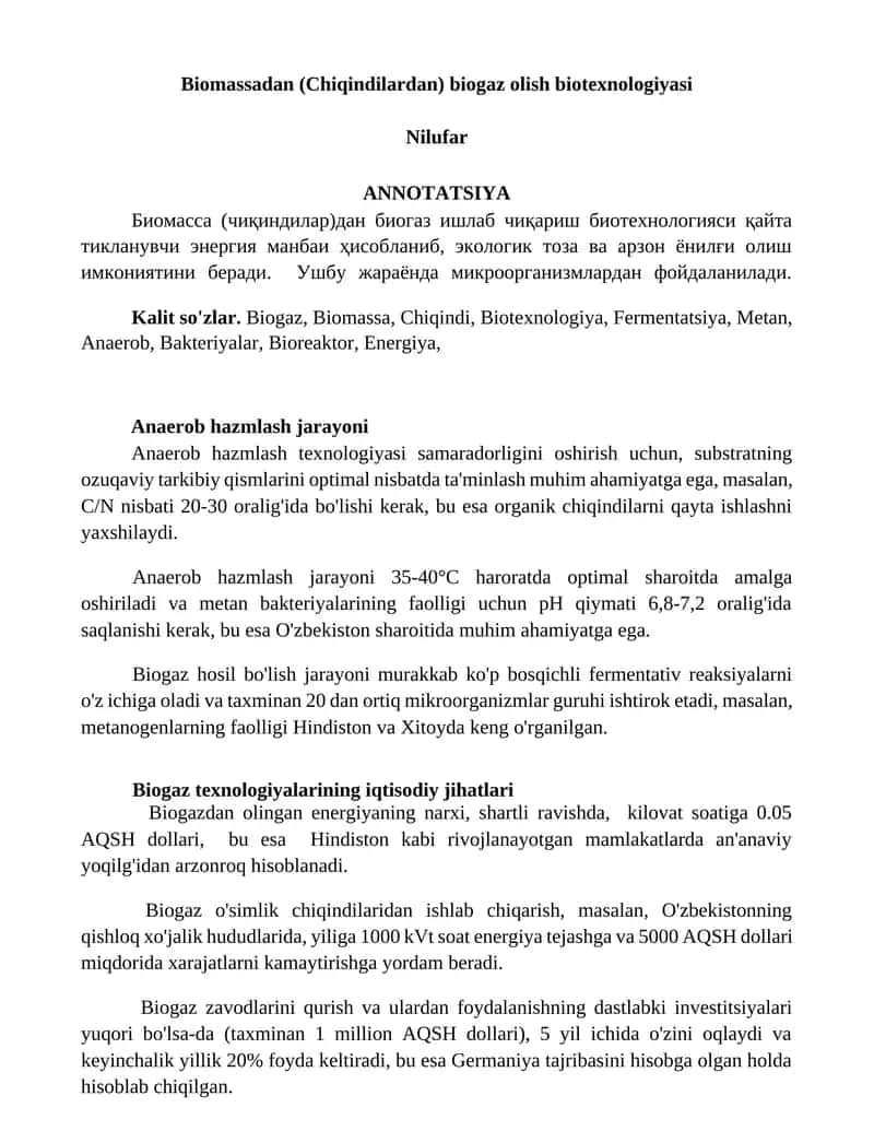 Biomassadan (Chiqindilardan) biogaz olish biotexnologiyasi 1