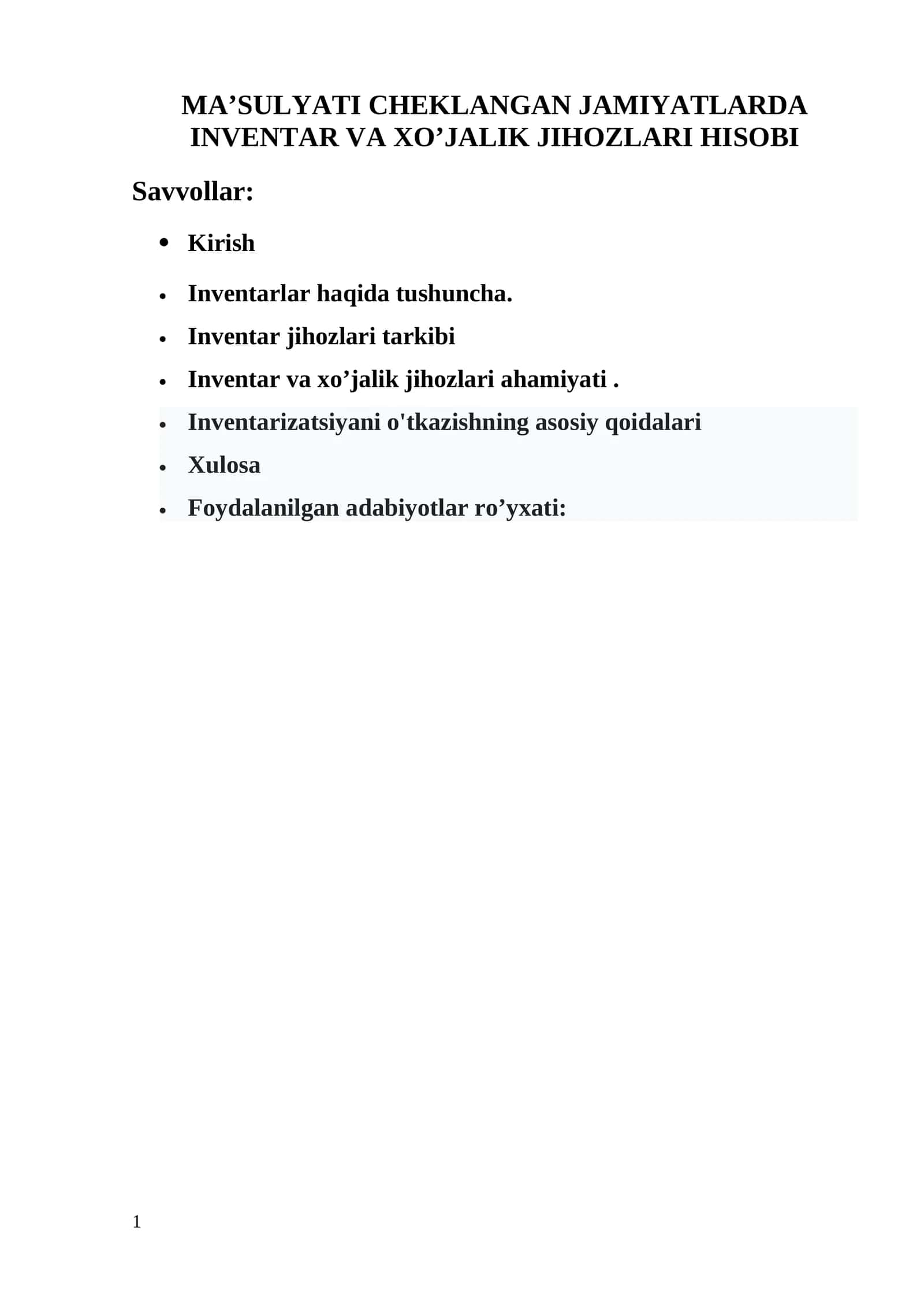 MA’SULYATI CHEKLANGAN JAMIYATLARDA  INVENTAR VA XO’JALIK JIHOZLARI HISOBI 1