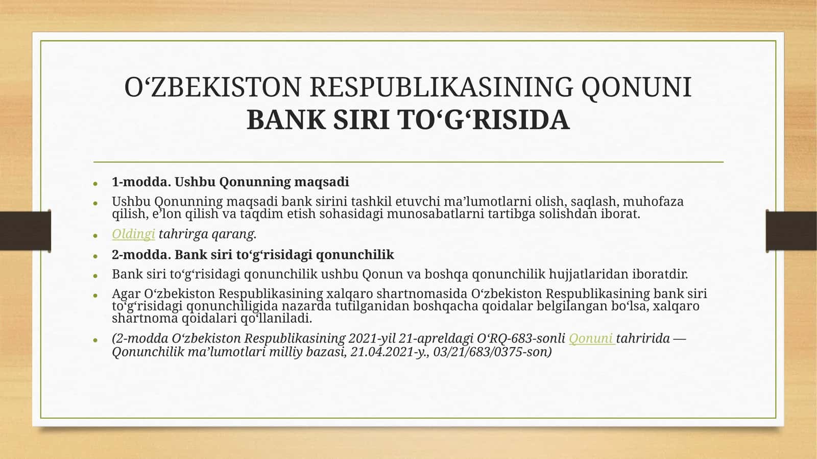 Oʻzbekiston Respublikasining qonuni. BANK SIRI TOʻGʻRISIDA 1