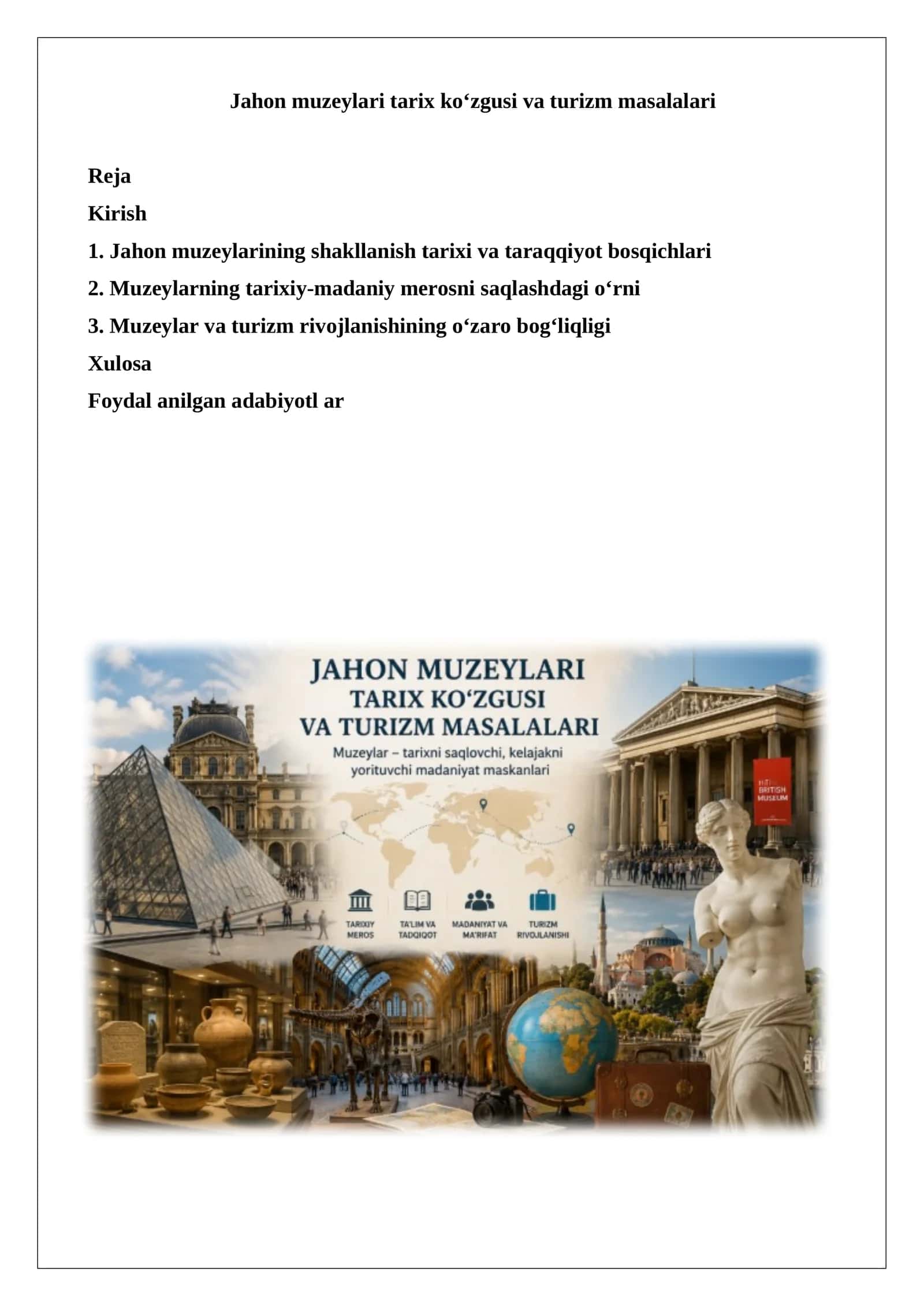 Jahon muzeylari tarixi va turizm masalalari 1