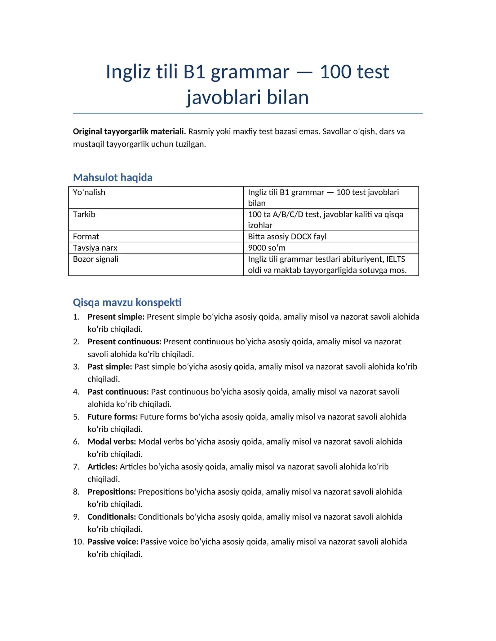 Ingliz tili B1 grammar — 100 test javoblari bilan 1