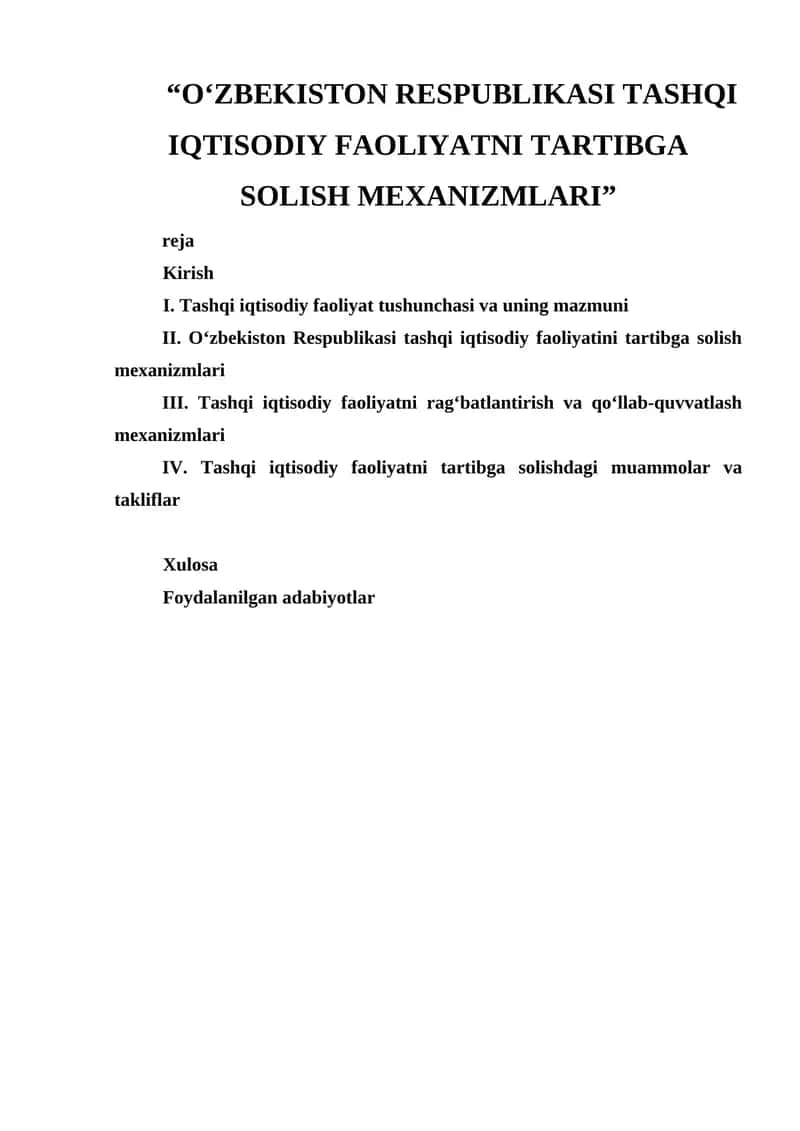 Oʻzbekiston Respublikasi Tashqi Iqtisodiy Faoliyatni Tartibga Solish Mexanizmlari 1