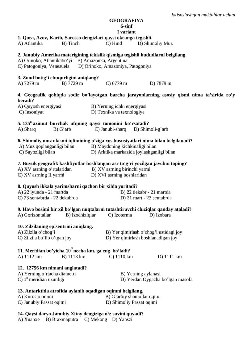GEOGRAFIYA 6-sinf I variant 1