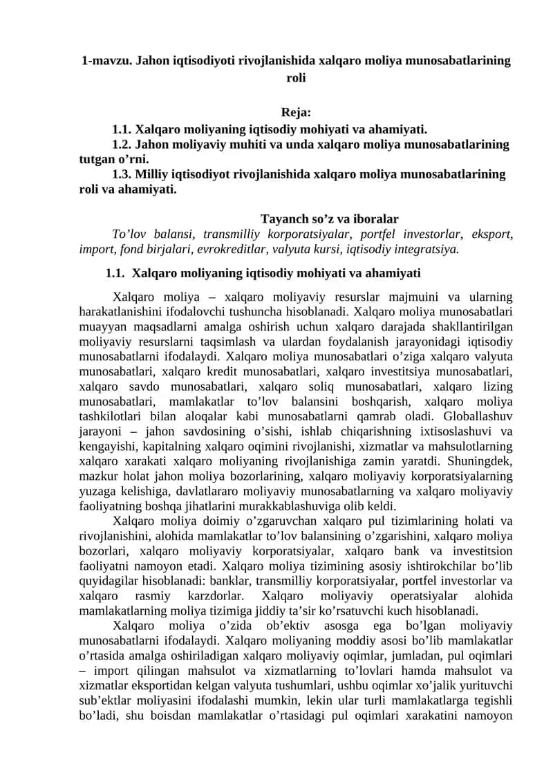 Xalqaro moliyaviy munosabatlar 1