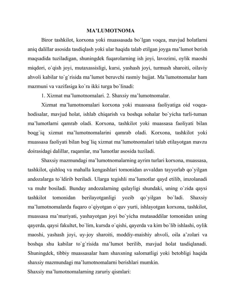 Ma'lumotnoma yozish qoidalari 1