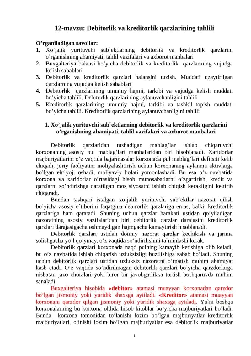 Debitоrlik va kreditоrlik qarzlarining tahlili 1