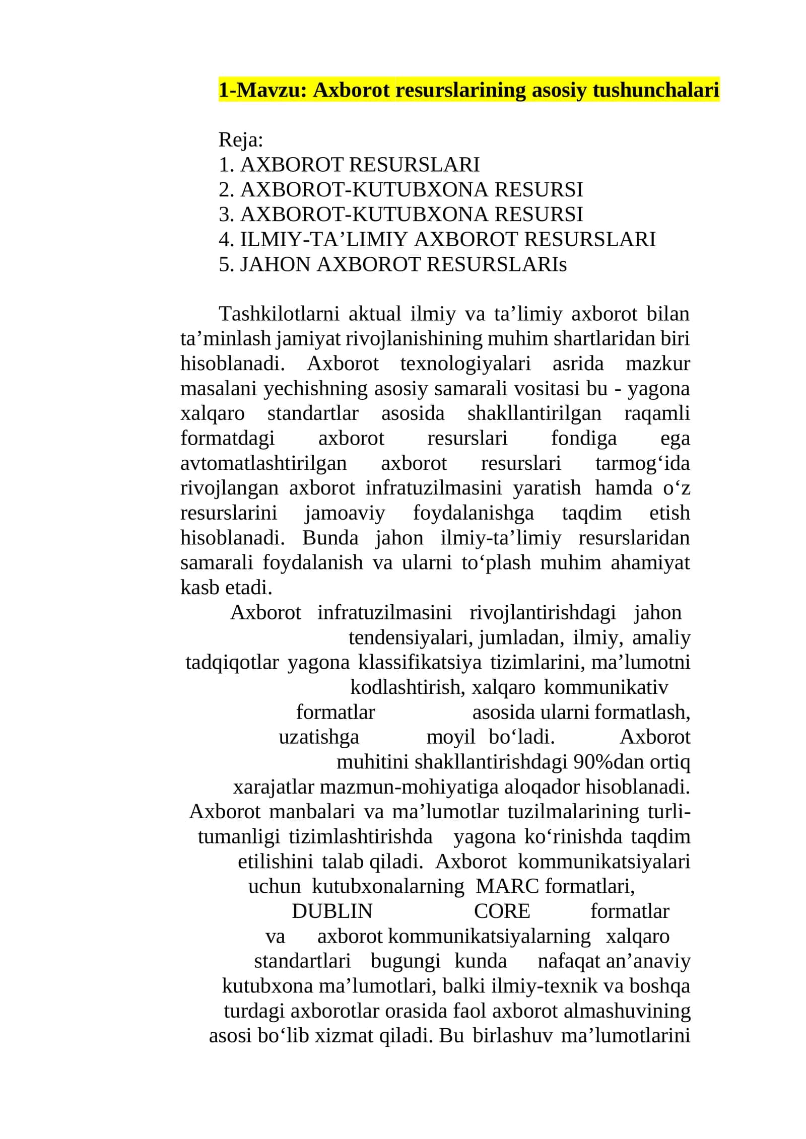 Axborot resurslarining asosiy tushunchalari 1
