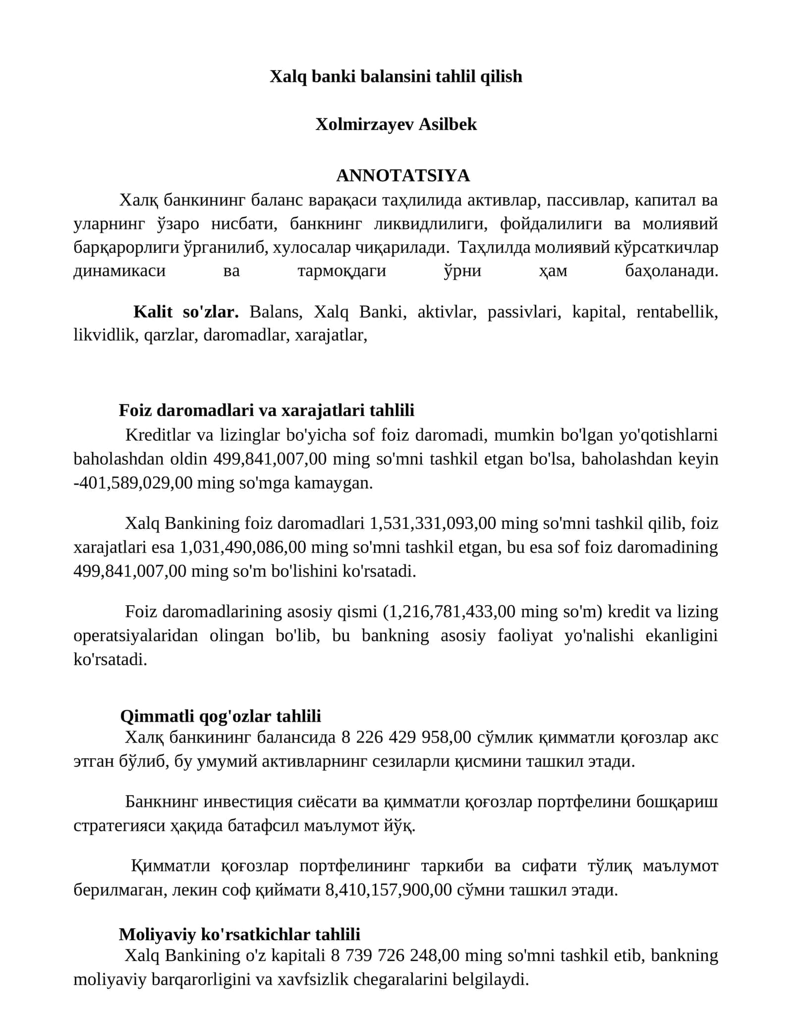 Xalq banki balansini tahlil qilish 1
