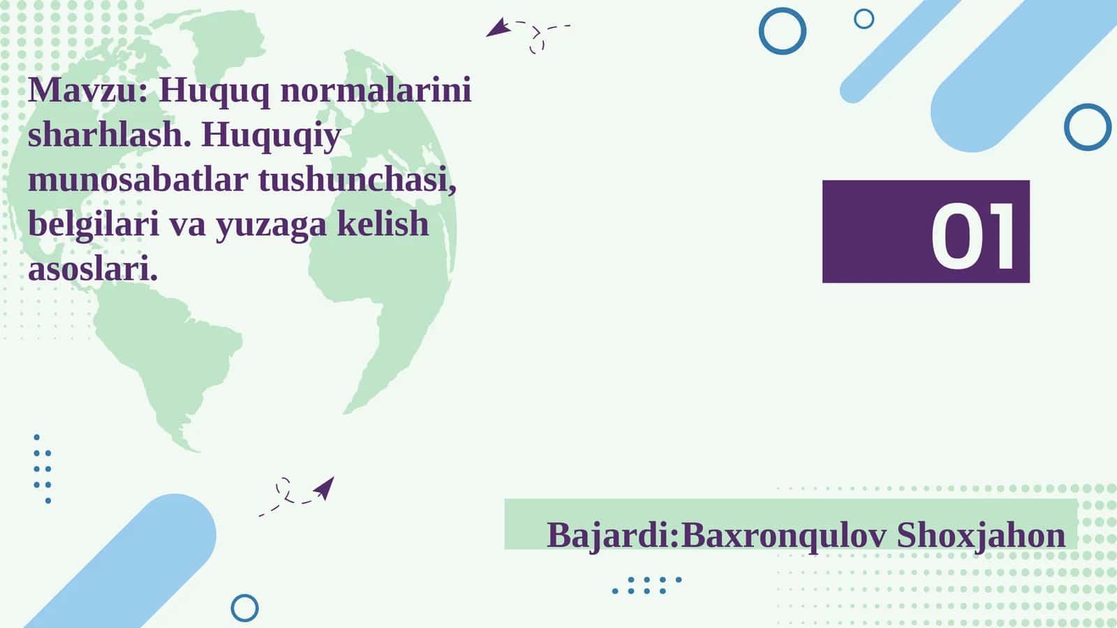Huquq normalarini sharhlash. Huquqiy munosabatlar tushunchasi, belgilari va yuzaga kelish asoslari. 1