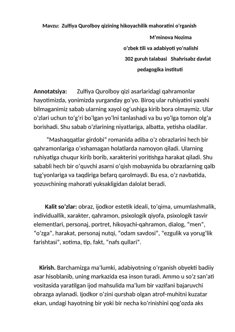 Zulfiya Qurolboy qizining hikoyachilik mahoratini o‘rganish 1
